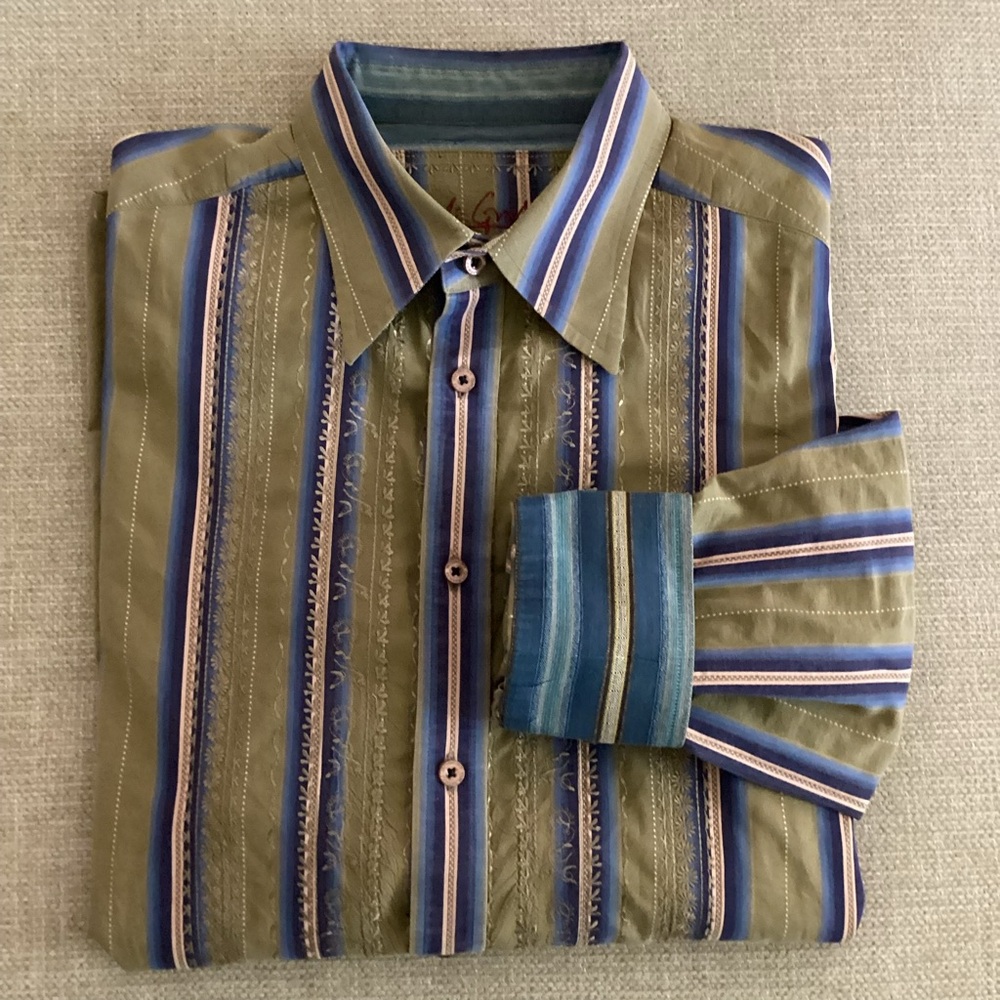 Robert Graham Olive and Blue Striped Shirt